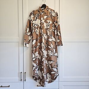 Maeve by Anthropologie The Soren Midi Shirt Dress Tan White Black Floral Print